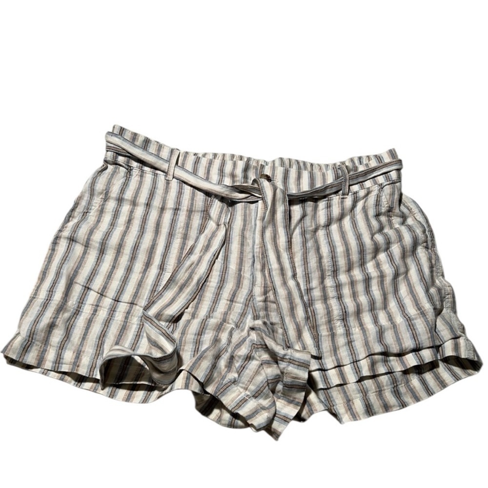Lou & Grey Women's Sz XL Linen Shorts White Tan Blue Stripes Tie Waist High Rise